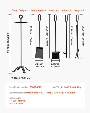Fireplace Tool Set, 5 PCS Fire Tool Set and Holder with Four-Prong Stand, Tongs, Ash Shovel, Brush, Fire Place Poker, Wrought Iron Fireplace Accessories for Campfire Indoor/Outdoor, Black