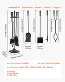 Fireplace Tool Set, 5 PCS Fire Tool Set and Holder with Five-Prong Stand, Tongs, Ash Shovel, Brush, Fire Place Poker, Wrought Iron Fireplace Accessories for Campfire Indoor/Outdoor, Black