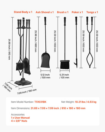 Fireplace Tool Set, 5 PCS Fire Tool Set and Holder with Five-Prong Stand, Tongs, Ash Shovel, Brush, Fire Place Poker, Wrought Iron Fireplace Accessories for Campfire Indoor/Outdoor, Black