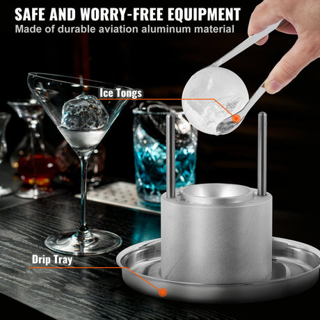 VEVOR Ice Ball Press Kit, Aircraft Al Alloy Ice Press with Ice Block Mold, Large Mat, Tong, Drip Tray, One Glass, Round Ice Ball Maker 2.4