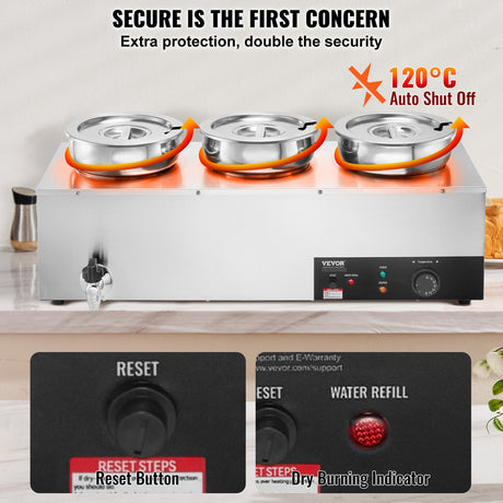 VEVOR Electric Soup Warmer, Three 7.4QT Stainless Steel Round Pot, 1200W Commercial Food Warmer, 30 - 85℃ Adjustable Temp, Bain Marie with Anti-Dry Burn and Reset Button, for Restaurant, Buffet