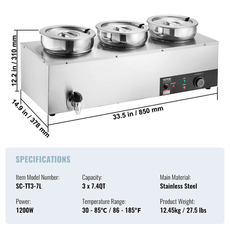 VEVOR Electric Soup Warmer, Three 7.4QT Stainless Steel Round Pot, 1200W Commercial Food Warmer, 30 - 85℃ Adjustable Temp, Bain Marie with Anti-Dry Burn and Reset Button, for Restaurant, Buffet