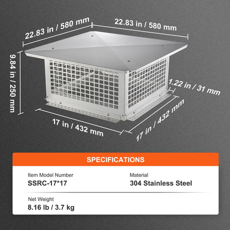 VEVOR Chimney Cap 17” x 17” 304Stainless Steel Fireplace Flue Caps Cover Mesh