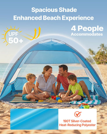 Beach Tent Sun Shelter for 4 Person, UPF 50+ Protection, Portable Sun Shade Canopy with Carrying Bag & Sand Pockets, Lightweight and Easy Setup Beach Umbrella for Camping Fishing Outdoor Picnic