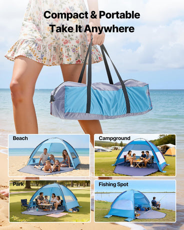 Beach Tent Sun Shelter for 4 Person, UPF 50+ Protection, Portable Sun Shade Canopy with Carrying Bag & Sand Pockets, Lightweight and Easy Setup Beach Umbrella for Camping Fishing Outdoor Picnic