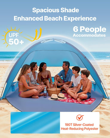 Beach Tent Sun Shelter for 6 Person, UPF 50+ Protection, Portable Sun Shade Canopy with Carrying Bag & Sand Pockets, Lightweight and Easy Setup Beach Umbrella for Camping Fishing Outdoor Picnic