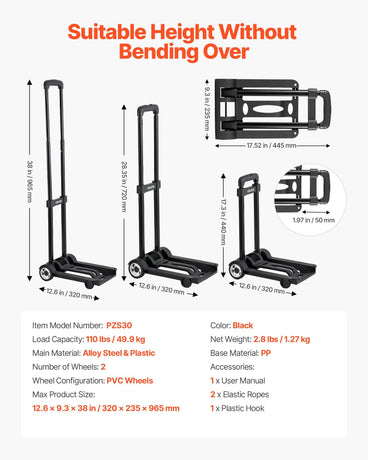 Folding Hand Truck, 49.9 kg Load Capacity, Collapsible Luggage Cart with 2 Wheels & 1 Elastic Rope, Utility Dolly Platform Cart for Airport Travel Furniture Luggage Office Moving, Black