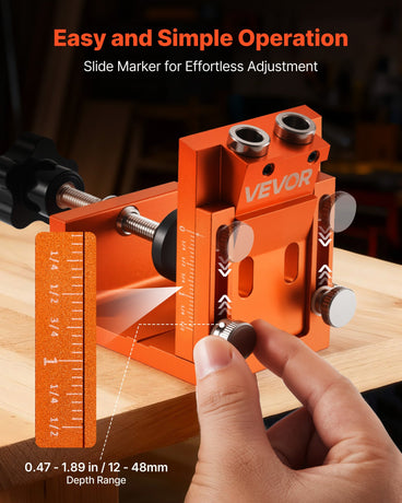 VEVOR Pocket Hole Jig Kit, 12 mm to 48 mm Adjustable, Jig Pocket Hole System with Step Drill, Hex Wrench, Drill Stop Ring, Square Drive Bit, Plugs and Screws, Reinforced Metal Frame, for Woodworking