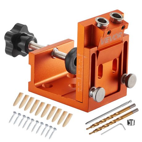 VEVOR Pocket Hole Jig Kit, 12 mm to 48 mm Adjustable, Jig Pocket Hole System with Step Drill, Hex Wrench, Drill Stop Ring, Square Drive Bit, Plugs and Screws, Reinforced Metal Frame, for Woodworking