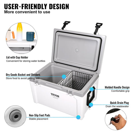 Insulated Portable Cooler, 49 L, Holds 50 Cans, Ice Retention Hard Cooler with Heavy Duty Handle, Ice Chest Lunch Box for Camping, Beach, Picnic, Travel, Outdoor, Keeps Ice for up to 6 Days
