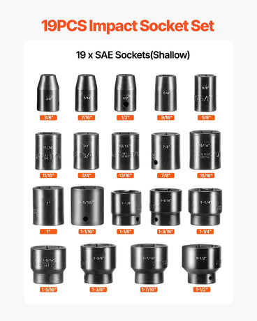 Impact Socket Set 1/2 Inches 19 Piece Impact Sockets, Standard Socket Assortment, 1/2 Inches Drive Socket Set Impact Standard SAE (3/8 Inches to 1-1/2 Inches) 6-point Hex Sockets