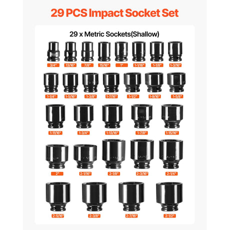 Impact Socket Set 3/4 Inches 29 Piece Impact Sockets, 6-Point Sockets, Rugged Construction, CR-M0, 3/4 Inches Drive Socket Set Impact SAE 3/4 inch - 2-1/2 inch, with a Storage Cage