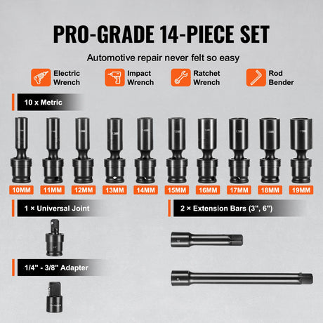 360 Degree Swivel Impact Sockets Set 14pcs 6-Point 3/8in Drive Socket Set