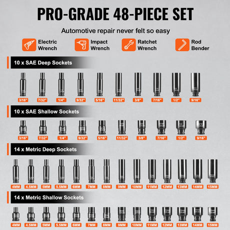 Impact Sockets Set 48pcs 6-Point 1/4