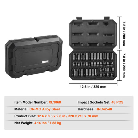 Impact Sockets Set 48pcs 6-Point 1/4