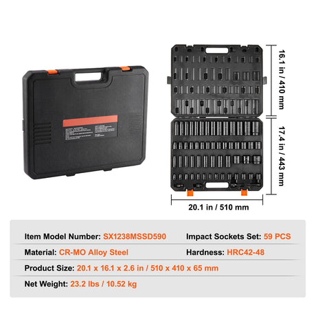 Impact Sockets Set 59pcs 6-Point 3/8