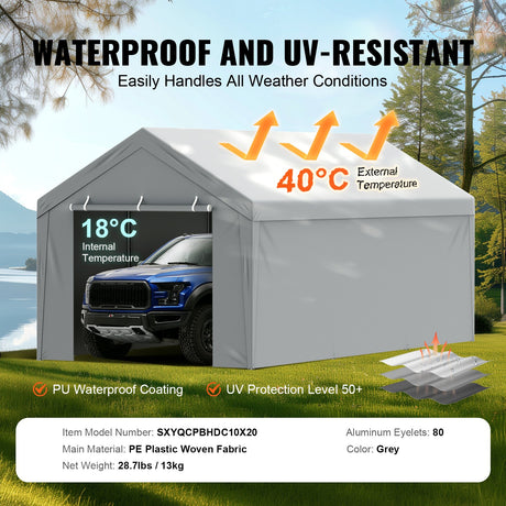 Carport Replacement Canopy Cover Top + Side Wall 10 x 20 ft, Garage Tent Shelter Tarp Heavy-Duty Waterproof & UV Protected, Easy Installation with Ball Bungees,White (Frame Not Included)