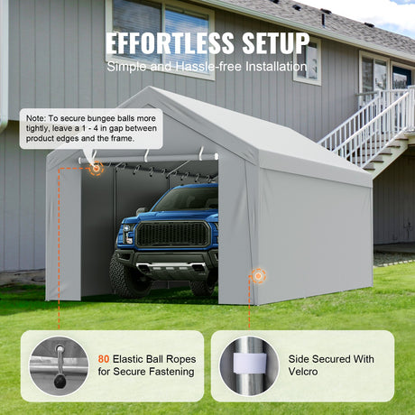 Carport Replacement Canopy Cover Top + Side Wall 10 x 20 ft, Garage Tent Shelter Tarp Heavy-Duty Waterproof & UV Protected, Easy Installation with Ball Bungees,White (Frame Not Included)