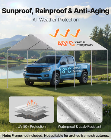 Carport Replacement Canopy, 6 x 3 m Potable Garage Tent Top Tarp, UV-Resistant & Waterproof Car Shelter Tarp, Heavy Duty Car Port Cover with Ball Buggees, Grey, Frame Not Included