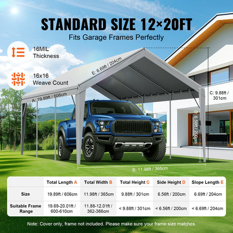 Carport Replacement Canopy Cover 12 x 20 ft, Garage Top Tent Shelter Tarp Heavy-Duty Waterproof & UV Protected, Easy Installation with Ball Bungees,Grey (Only Top Cover, Frame Not Include)