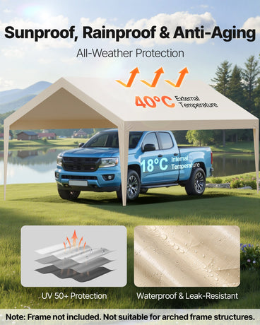 Carport Replacement Canopy, 6 x 3.6 m Potable Garage Tent Top Tarp, UV-Resistant & Waterproof Car Shelter Tarp, Heavy Duty Car Port Cover with Ball Buggees, Beige, Frame Not Included
