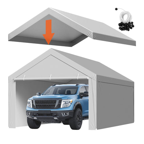 Carport Replacement Canopy, 6 x 4 m Potable Garage Tent Top Tarp with Sidewalls, UV-Resistant & Waterproof, Heavy Duty Car Shelter Tarp with Ball Buggees, Grey, Frame Not Included