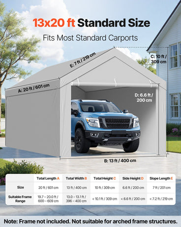 Carport Replacement Canopy, 6 x 4 m Potable Garage Tent Top Tarp with Sidewalls, UV-Resistant & Waterproof, Heavy Duty Car Shelter Tarp with Ball Buggees, Grey, Frame Not Included