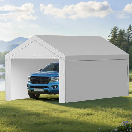 Carport Replacement Canopy, 6 x 4 m Potable Garage Tent Top Tarp with Sidewalls, UV-Resistant & Waterproof, Heavy Duty Car Shelter Tarp with Ball Buggees, Grey, Frame Not Included