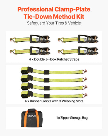 VEVOR Wheel Chock Tie-Down Kit, Deck-Style Trailer Tie Down Strap, Car Tie Down Kit with J-Hook, Break Strength 4540 kg & Working Load 1512 kg Motorcycle Tie-Down System for SUVs, Trailers, Trucks