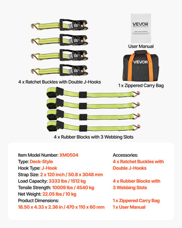 VEVOR Wheel Chock Tie-Down Kit, Deck-Style Trailer Tie Down Strap, Car Tie Down Kit with J-Hook, Break Strength 4540 kg & Working Load 1512 kg Motorcycle Tie-Down System for SUVs, Trailers, Trucks