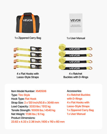 VEVOR Wheel Chock Tie-Down Kit, Tire-Style Motorcycle Tie-Down System, Car Tie Down Kit with Flat Hook, Break Strength 4540 kg & Working Load 1512 kg Trailer Tie Down Strap for ATVs, SUVs, Trailers