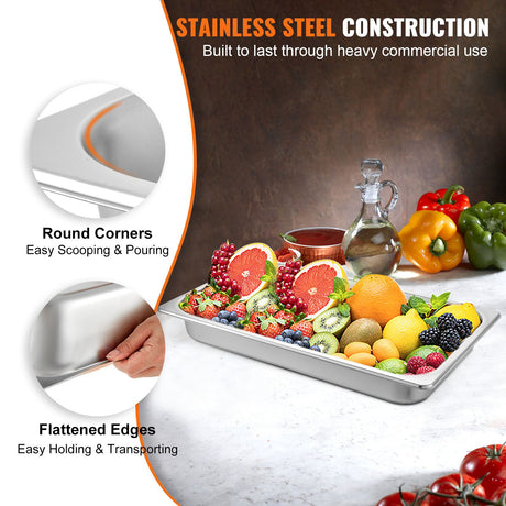 Hotel Pans Full Size 2.5 Inch Deep, Steam Table Pan 6 Pack , 22 Gauge/0.8mm Thick Stainless Steel Hotel Pan Anti Jam Steam Table Pan