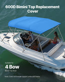 4 Bow Bimini Top Replacement Cover, 2440 mm Long, Durable 600D Marine Grade Waterproof Sun Shade Boat Canopy with Storage Boot, Easy Install Zipper Sleeve Awning, 2464-2616 mm W, Blue (No Frame)