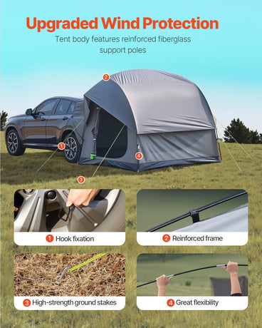 VEVOR SUV Tent for Camping, 8FT L x 8FT W, Waterproof PU2000mm Spacious Double Layer Design for 5-8 Person, SUV Camping Tent with Mesh Windows, Includes Rainfly & Storage Bag, for Outdoor Activities