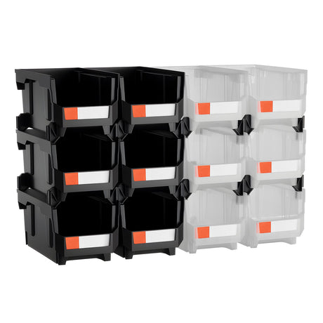 VEVOR Plastic Stackable Storage Bins, 37.7 x 21.5 x 18 cm (12 Pack), Plastic Containers for Organizing & Storage Bins for Garage, Small Parts, Office Supplies, Other Accessories, Black & Transparent