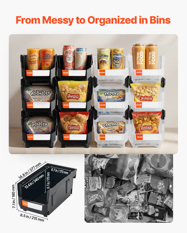 VEVOR Plastic Stackable Storage Bins, 37.7 x 21.5 x 18 cm (12 Pack), Plastic Containers for Organizing & Storage Bins for Garage, Small Parts, Office Supplies, Other Accessories, Black & Transparent