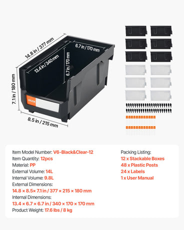 VEVOR Plastic Stackable Storage Bins, 37.7 x 21.5 x 18 cm (12 Pack), Plastic Containers for Organizing & Storage Bins for Garage, Small Parts, Office Supplies, Other Accessories, Black & Transparent
