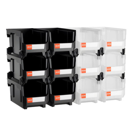 VEVOR Plastic Stackable Storage Bins, 37.7 x 21.5 x 18 cm (12 Pack), Plastic Containers for Organizing & Storage Bins for Garage, Small Parts, Office Supplies, Other Accessories, Black & Transparent