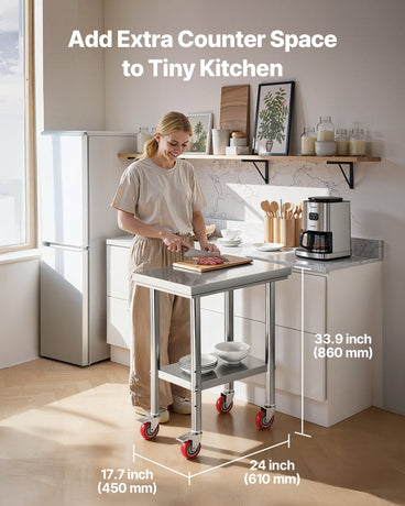 Stainless Steel Table, 61 x 45 cm Food Prep Worktable with Wheels, Kitchen Prep Table with Adjustable Undershelf Workstations for Commercial Kitchen, Restaurant, Hotel and Garage, Outdoor