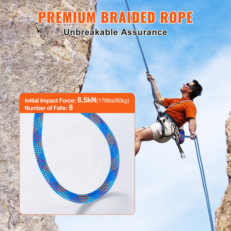 VEVOR 10.2mm Dynamic Climbing Rope, 60M(197ft) Outdoor Rock Climbing Rope 25KN Breaking Tension, Stretchable Fiber Rope with Steel Snap Hooks for Escape, Rappelling, Fire Rescue, Blue
