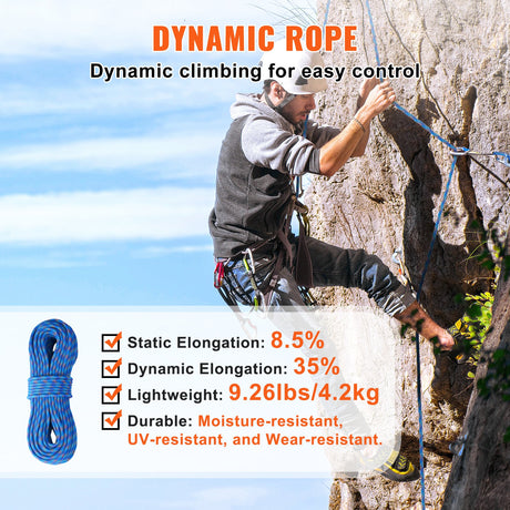 VEVOR 10.2mm Dynamic Climbing Rope, 60M(197ft) Outdoor Rock Climbing Rope 25KN Breaking Tension, Stretchable Fiber Rope with Steel Snap Hooks for Escape, Rappelling, Fire Rescue, Blue