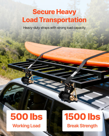 VEVOR Ladder Rack Ratchet Straps, Black Square Tube Mount, 38 mm Wide x 2.25 m Long Black Ladder Rack Straps with Double J-Hooks, 226.8 kg Load Heavy Duty, Cargo Buckle Lock Strap (4 Pack)