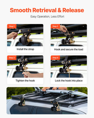 VEVOR Ladder Rack Ratchet Straps, Black Square Tube Mount, 38 mm Wide x 2.25 m Long Black Ladder Rack Straps with Double J-Hooks, 226.8 kg Load Heavy Duty, Cargo Buckle Lock Strap (4 Pack)