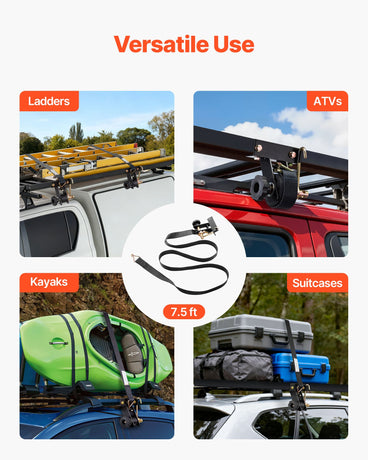 VEVOR Ladder Rack Ratchet Straps, Black Square Tube Mount, 38 mm Wide x 2.25 m Long Black Ladder Rack Straps with Double J-Hooks, 226.8 kg Load Heavy Duty, Cargo Buckle Lock Strap (4 Pack)