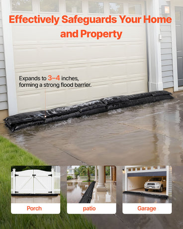 VEVOR Flood Barrier, 10 Pack, 1530 x 210 mm Flood Bags with Bucket, Reusable Water Absorbent Barrier Activated by Water, Sandless Sandbags Blockage, Flooding Prevention Bags for Basement, Garage, Doorway