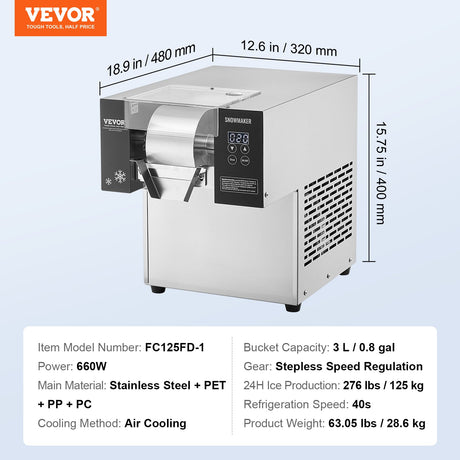 Commercial Snowflake Ice Machine, 276LBS/24H Snowflake Ice Maker, Stainless Steel Ice Shaver Machine, Electric Snow Cone Maker, Air Cooling System for Rapid Heat Dissipation, for Bakery, Cafe