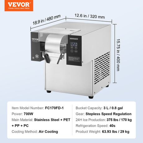Commercial Snowflake Ice Machine, 375LBS/24H Snowflake Ice Maker, Stainless Steel Ice Shaver Machine, Electric Snow Cone Maker, Air Cooling System for Rapid Heat Dissipation, for Bakery, Cafe