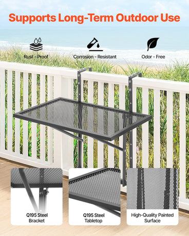 Balcony Hanging Table, 610 x 410 mm Metal Folding Balcony Railing Table, Outdoor Balcony Bar Table for Railings, 5-Level Adjustable, Fit Railing from 1