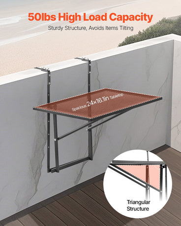 Balcony Hanging Table, 610 x 410 mm Metal Folding Balcony Railing Table, Outdoor Balcony Bar Table for Railings, 5-Level Adjustable, Fit Railing from 1