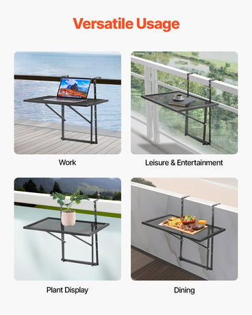 Balcony Hanging Table, 610 x 410 mm Metal Folding Balcony Railing Table, Outdoor Balcony Bar Table for Railings, 5-Level Adjustable, Fit Railing from 1